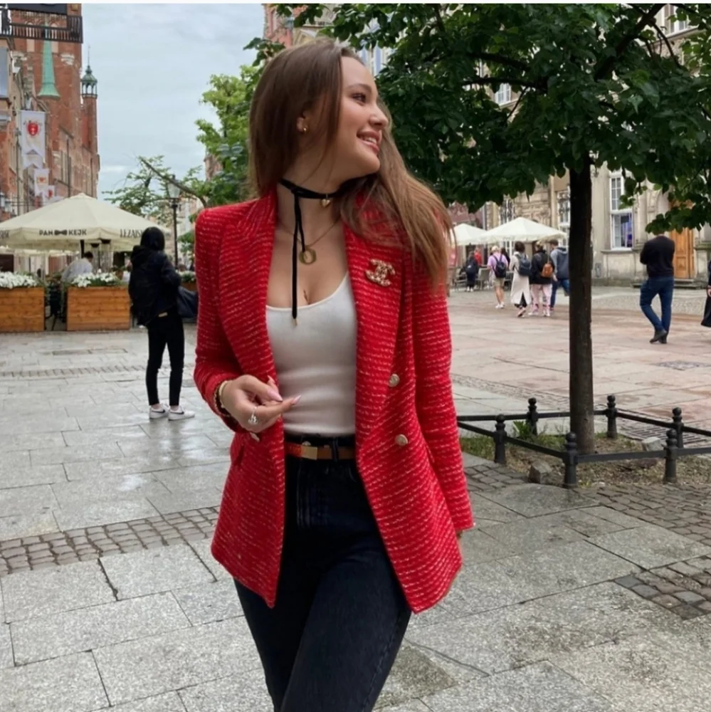 Zara * Textured Tweed Double Breasted Blazer Red Size XS